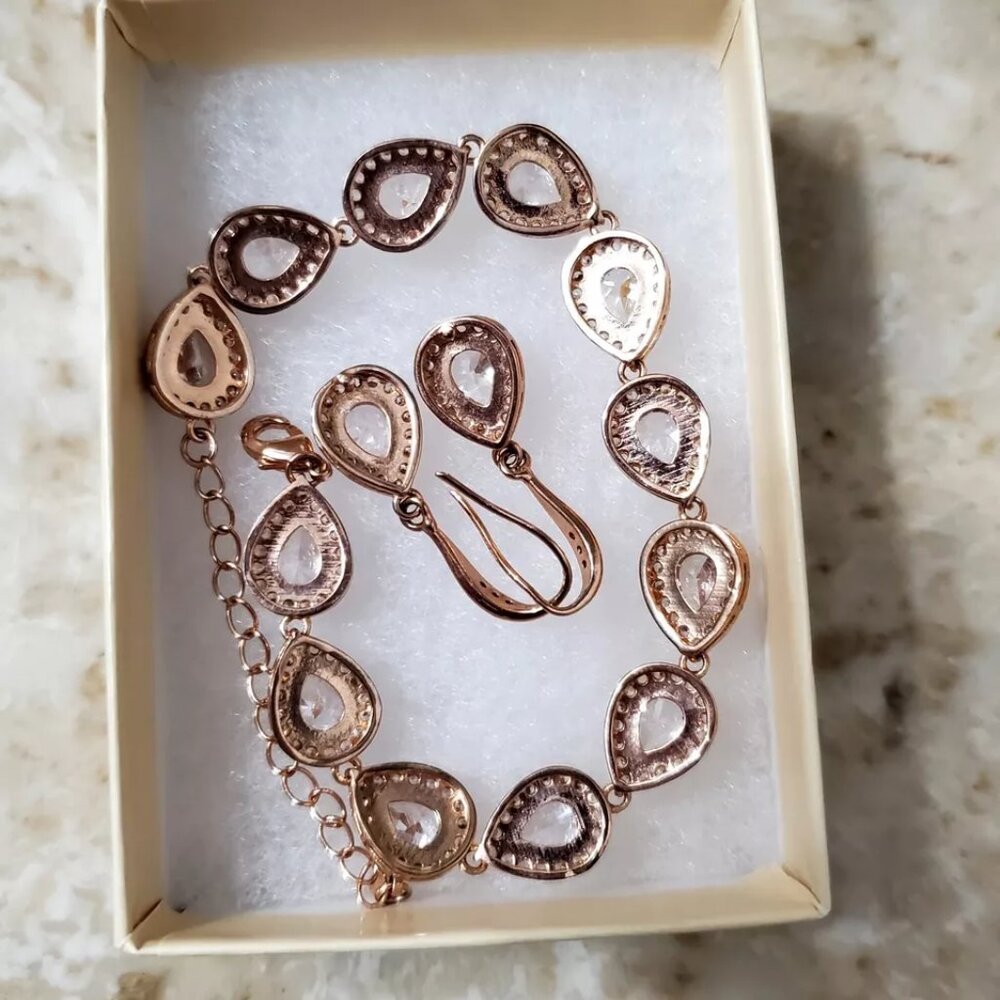 Rose Gold Plated 2 Pc Crystal Earrings & Bracelet Jewelry Set - Picture 5 of 17